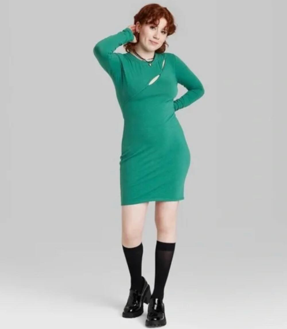 2/$15 NWT Wild Fable Cut Out Long Sleeve Dress Dark Teal Green Size L